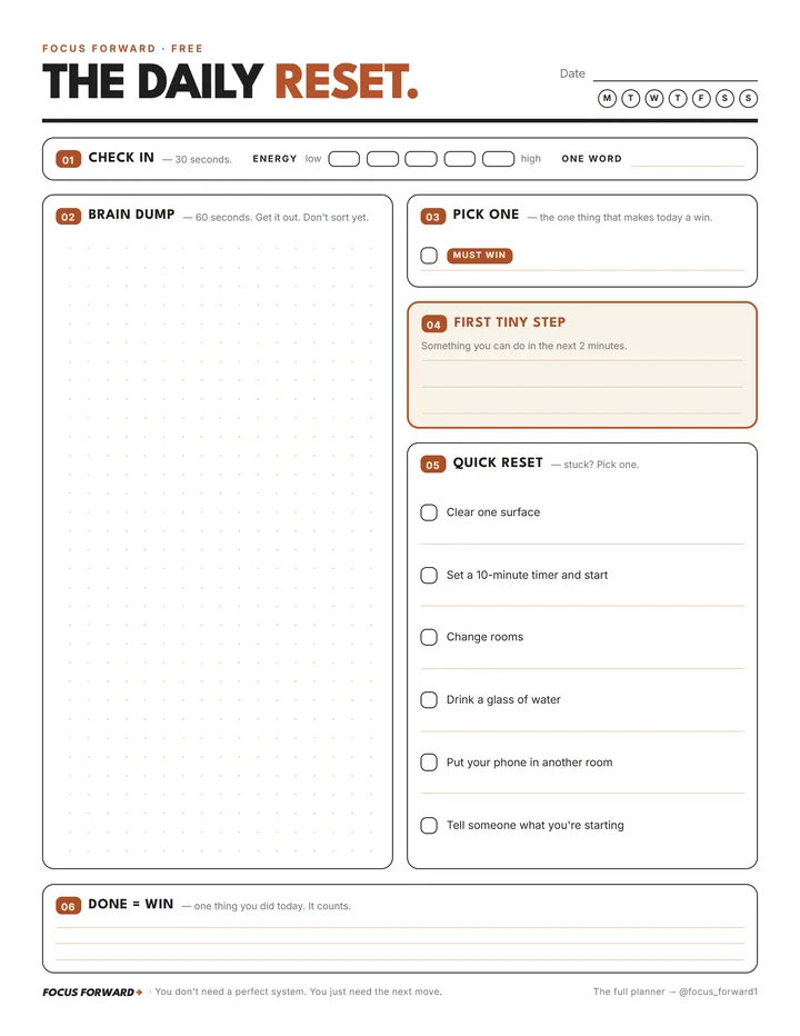 The Daily Reset sheet: a 30-second check-in, a brain dump, one must-win, a first tiny step, a quick-reset menu, and a Done = win box