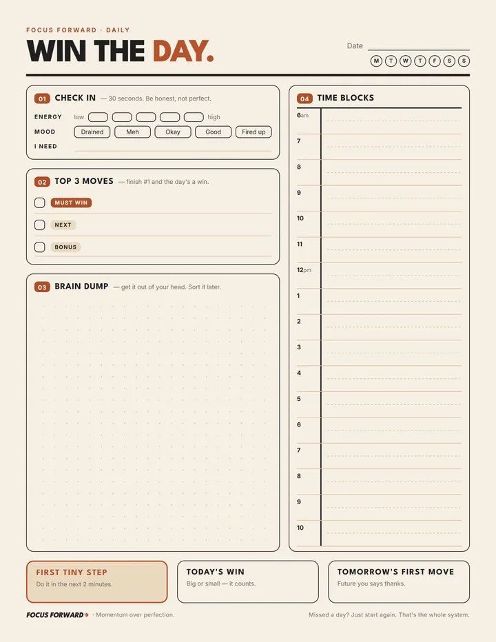 The Daily page: a 30-second check-in, top 3 moves, brain dump, and hour-by-hour time blocks
